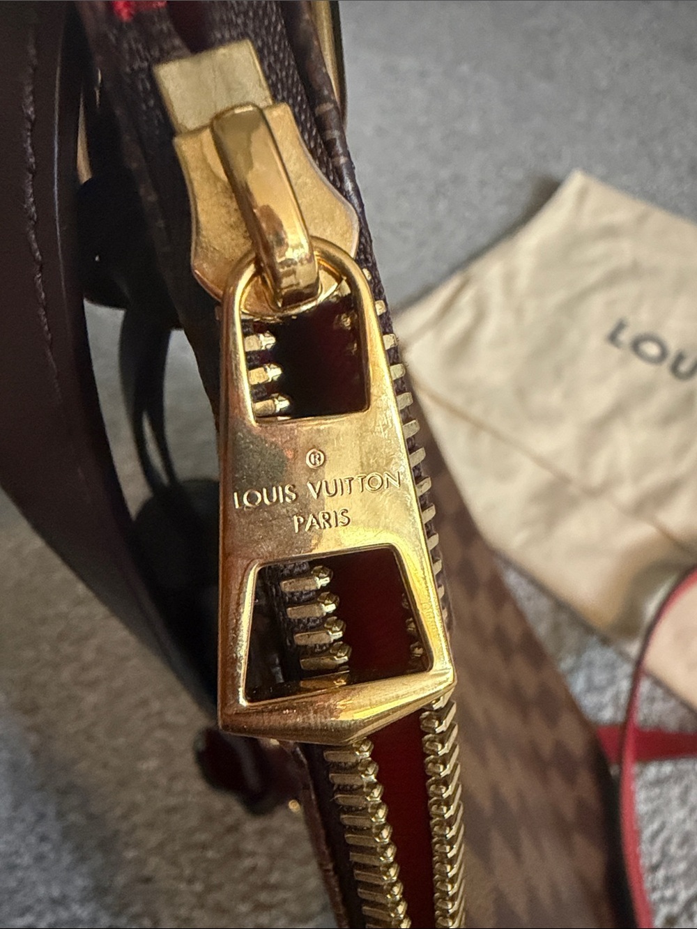 Louis Vuitton Brown Damier Shoulder Bag with Red Strap Accent - Picture 3 of 10